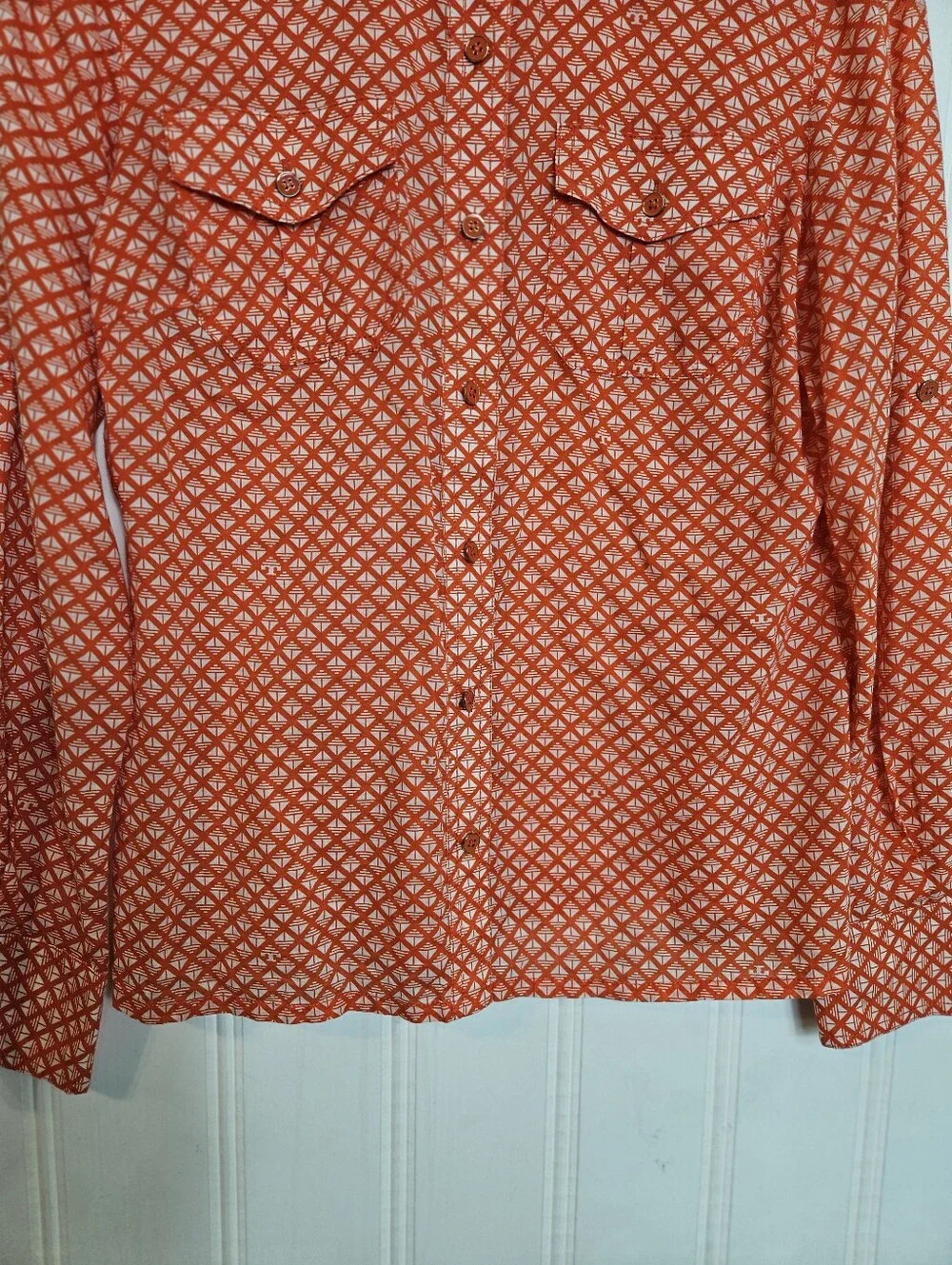 Tory Burch Brigitte Blouse 6 Checkerboard Roll Tab Utility Cotton Orange White